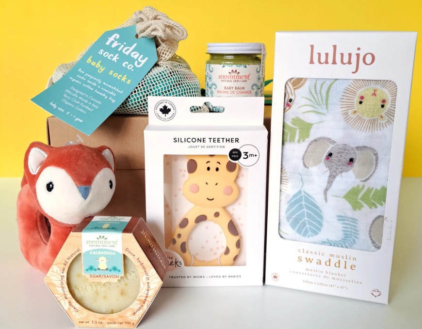 Sweet safari baby box full of baby shower gift ideas